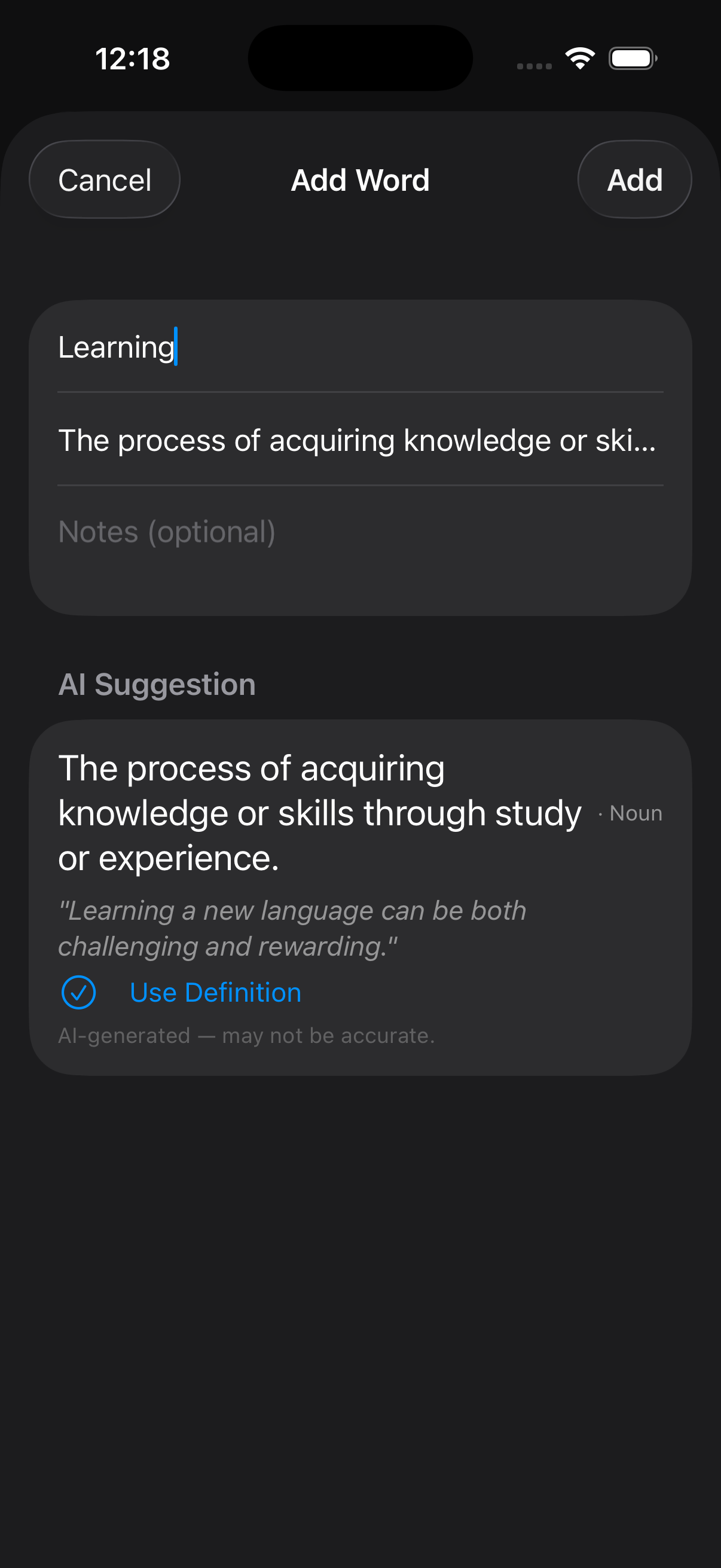 CardLLM AI-powered word entry with instant definition suggestions