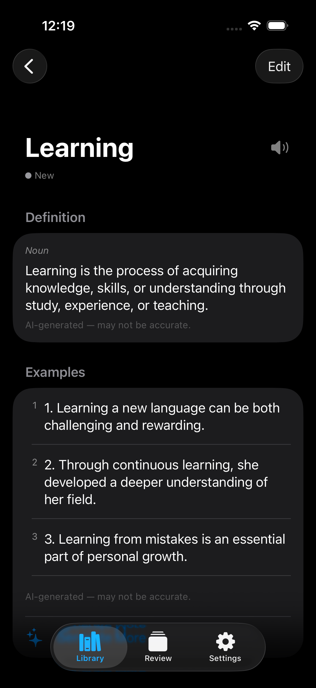 CardLLM Word Detail View showing AI-generated definition and example sentences